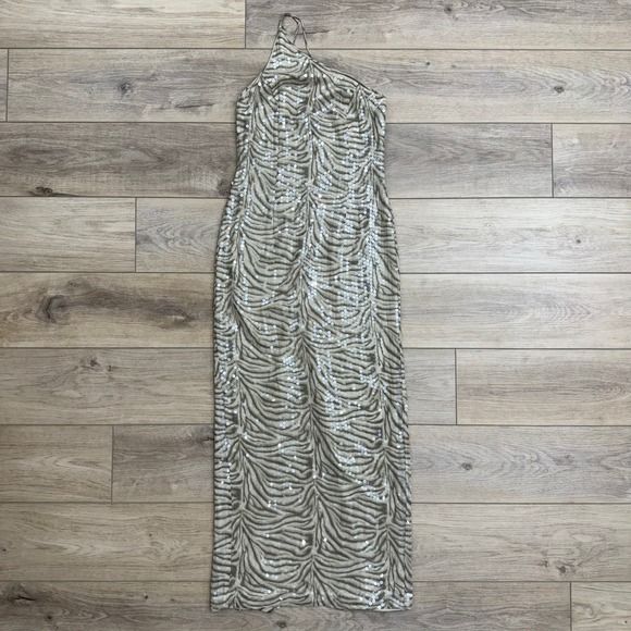 Vintage Cache Women's One Shoulder Sequin Zebra Silk Slit Maxi Dress Gown - Picture 1 of 16